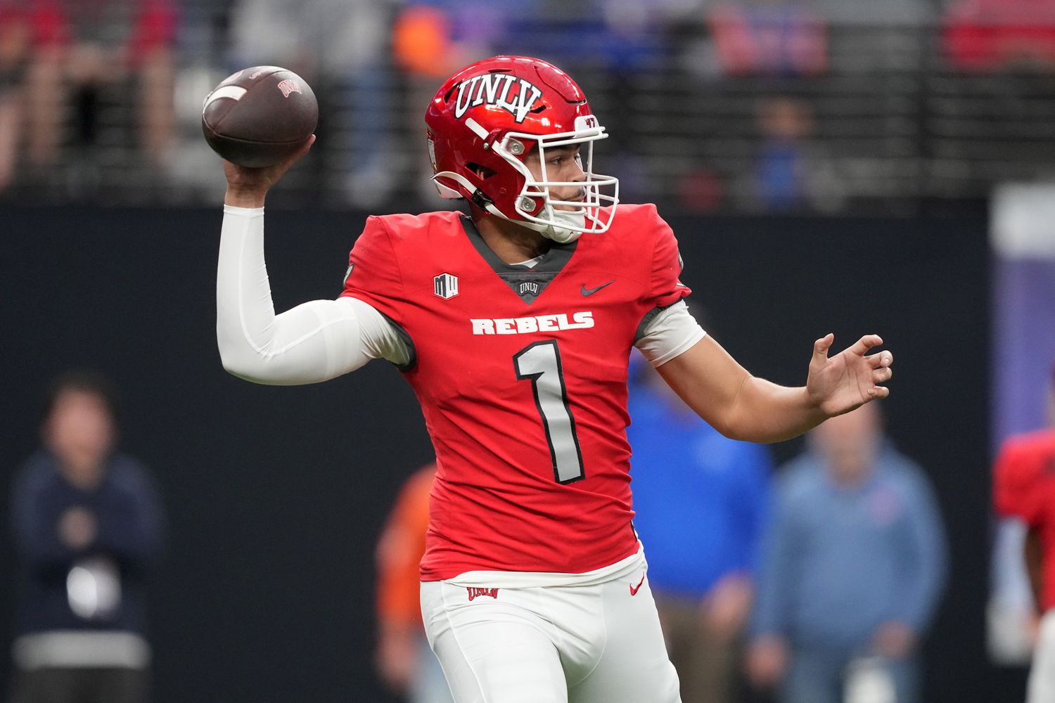 Dec 2, 2023; Las Vegas, NV, USA; UNLV quarterback Jayden Maiava attempts a pass in the first half during the Mountain West Championship at Allegiant Stadium.